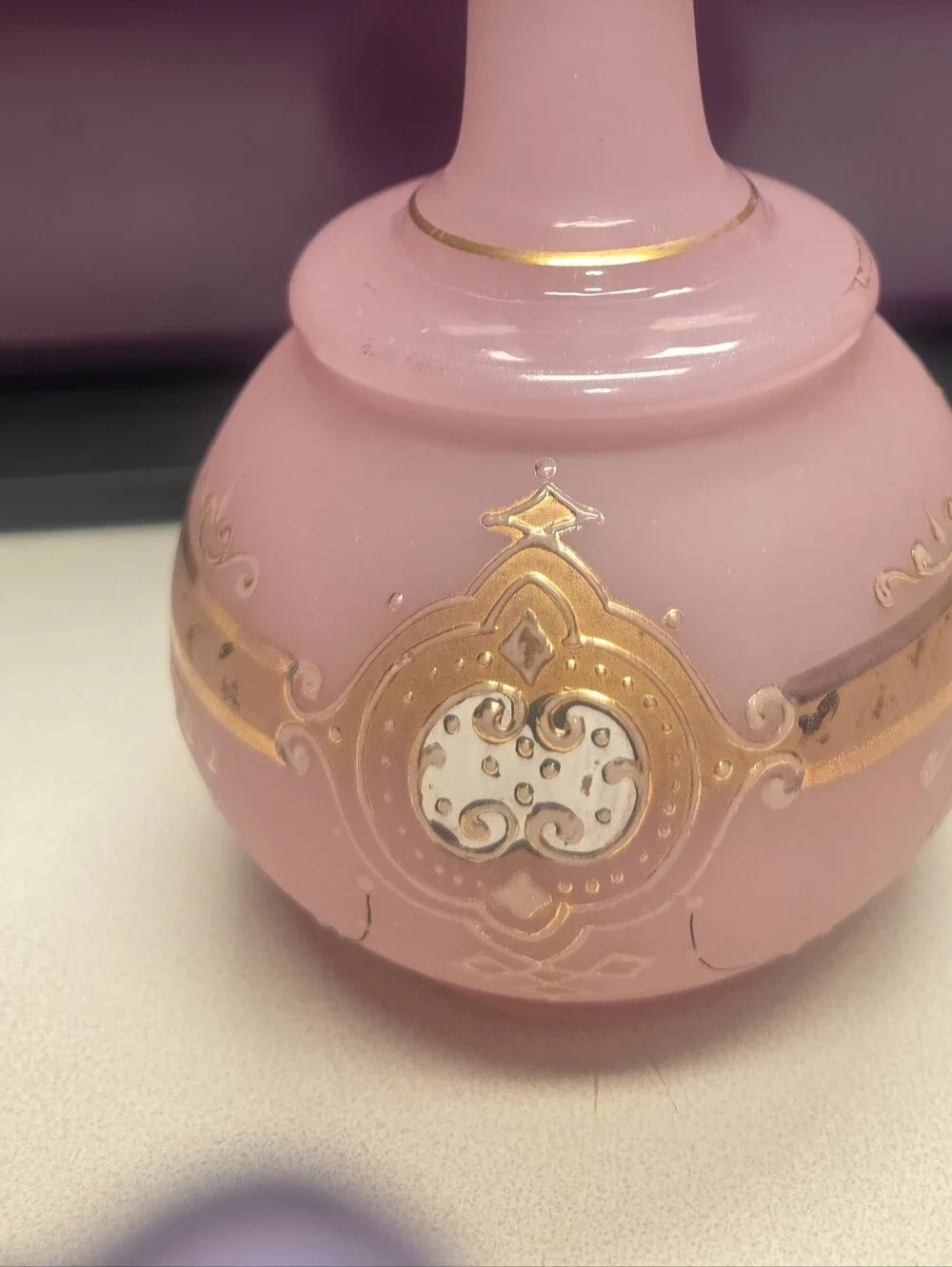 Antique Pink Opaline Glass Decanter. Genie Bottle